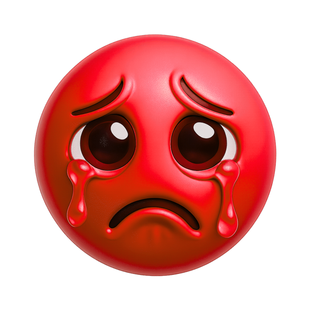 Red 3D crying emoji with glossy sad eyes, large teardrops, and a sorrowful frown on a transparent background for emotional memes.
