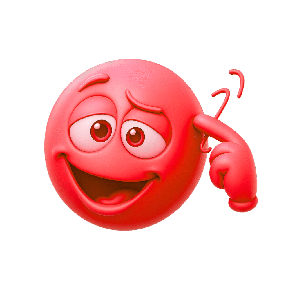 3D red dumb emoji with goofy smirk, tilted head, crossed eyes, and twirling finger gesture on transparent background.