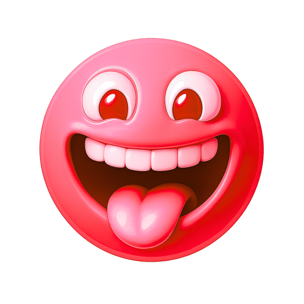 Funny red 3D emoji with tongue out, glossy red face, white cartoon teeth, and expressive eyes &ndash; PNG with transparent background