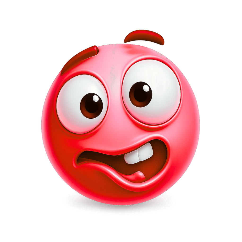 Red 3D goofy ahh emoji with bulging cartoon eyes and a crooked grin – transparent PNG perfect for reactions, memes, and digital comedy.