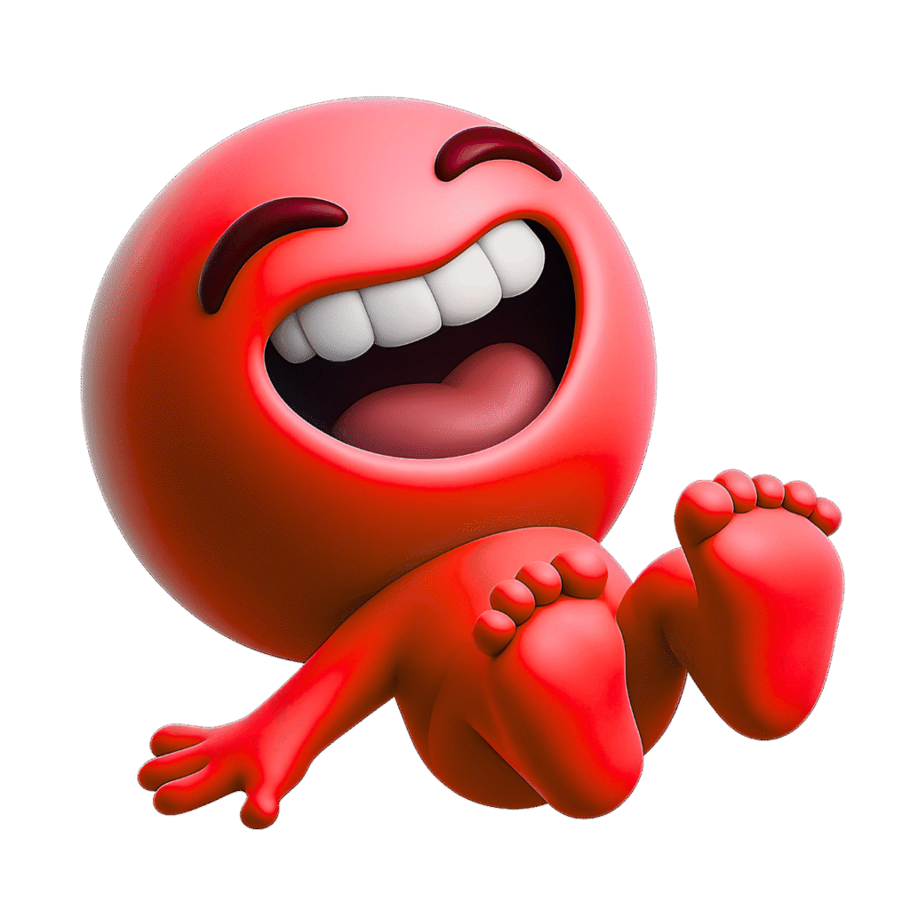 Red 3D laughing emoji rolling on floor, expressive happy face with wide smile and squinting eyes, transparent background