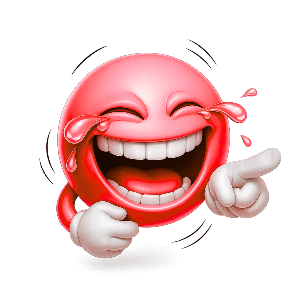 3D red emoji laughing with tears, pointing finger, expressive face and white gloves on a transparent background