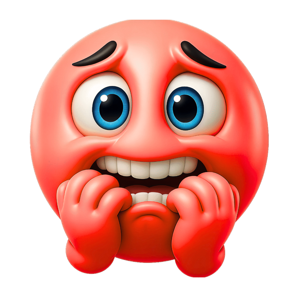 Red emoji with anxious expression, wide blue eyes, and clenched hands – transparent background PNG