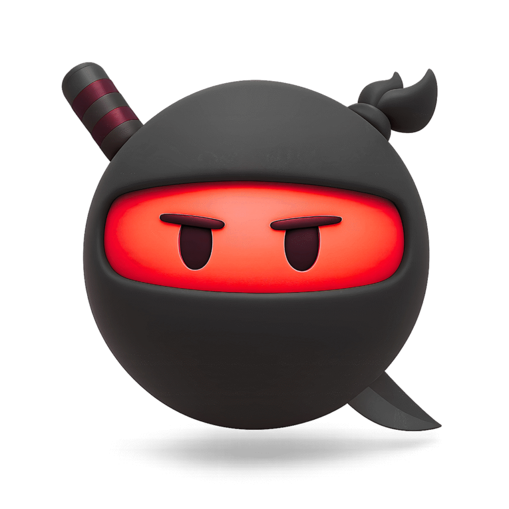3D ninja emoji with glowing red face, black mask and outfit, intense eyes, and striped sword hilt – fierce stealth warrior emoji on transparent background.