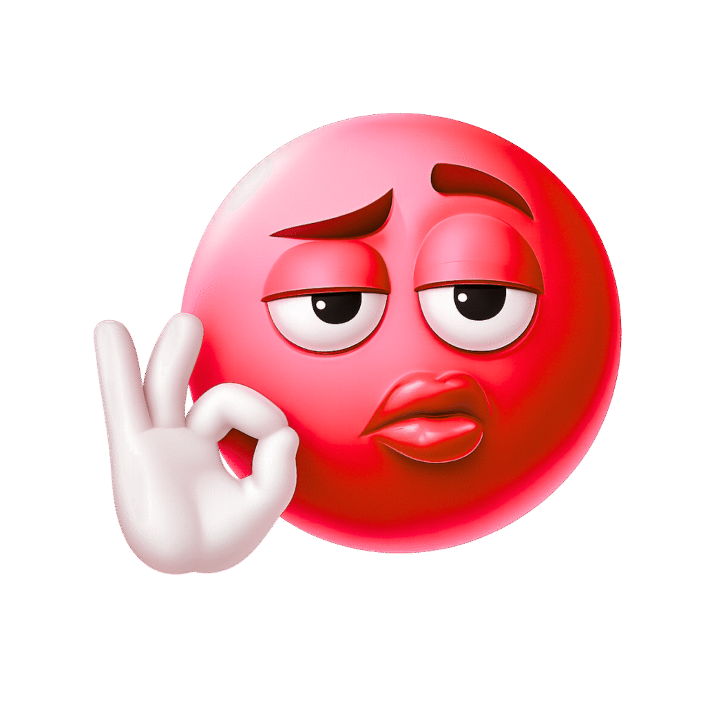 Glossy red 3D emoji with pouty lips, sleepy eyes, raised brow, and white OK hand sign