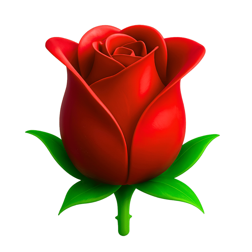 3D red rose emoji with green leaves – love and romance flower PNG with transparent background