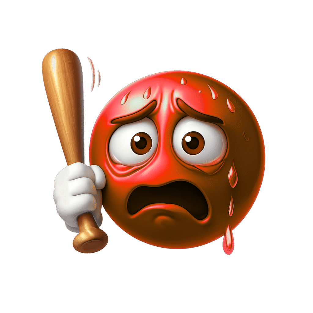 Red 3D scared emoji holding wooden bat, sweating and panicked expression, transparent PNG