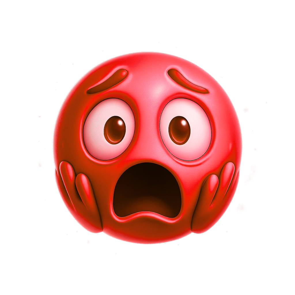 3D red scared emoji with wide eyes, open mouth, and hands on cheeks showing intense shock or fear on a transparent background