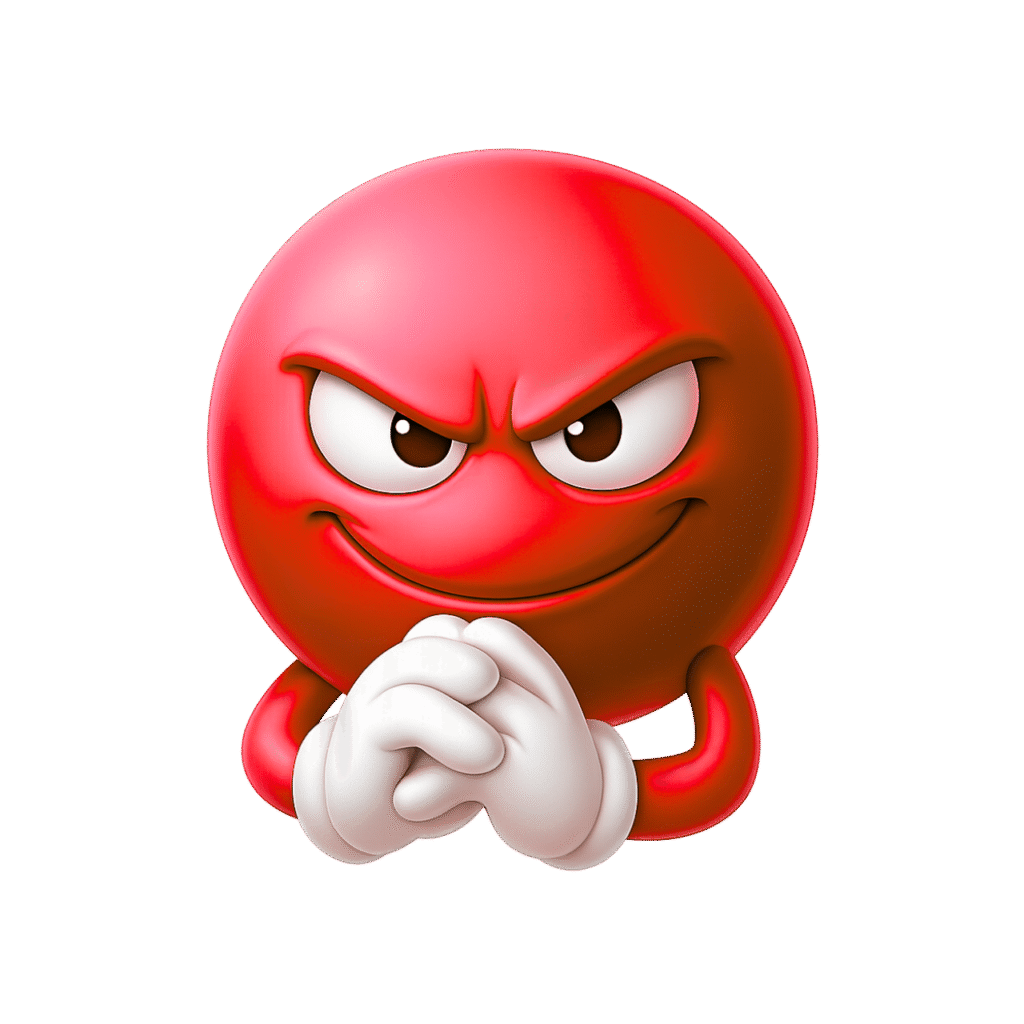 Red mischievous emoji with sly grin and plotting hands expression