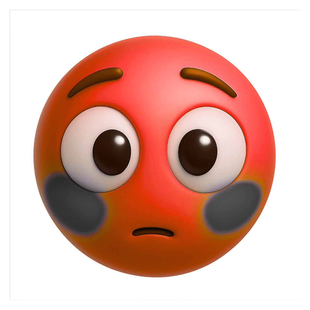 "Red Sus Emoji PNG with Big Eyes and Dark Blush – 3D Suspicious Face ClipArt on Transparent Background"