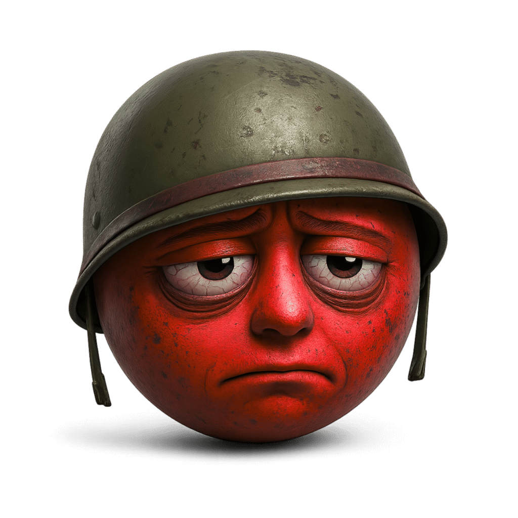 Red 3D emoji face with tired expression wearing a military helmet and thousand-yard stare