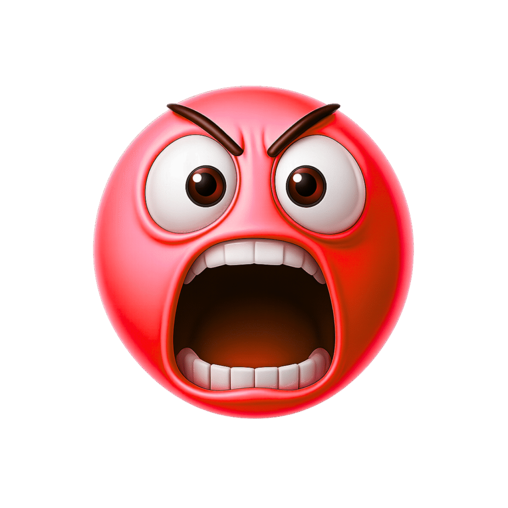Red 3D yelling emoji with angry facial expression and wide open mouth on transparent background