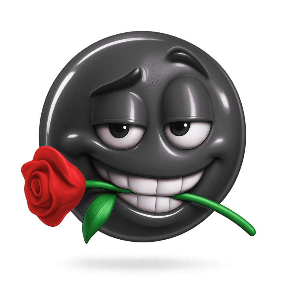 Cool black emoji with flirty eyes holding a red rose in mouth — 3D rizz emoji expression