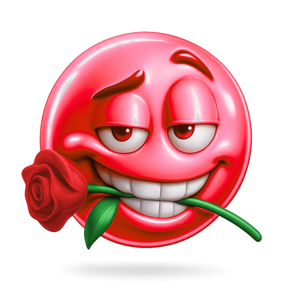 Red flirty emoji with a seductive smile, half-closed eyes, and a red rose in its mouth, representing rizz, charm, and playful romance.
