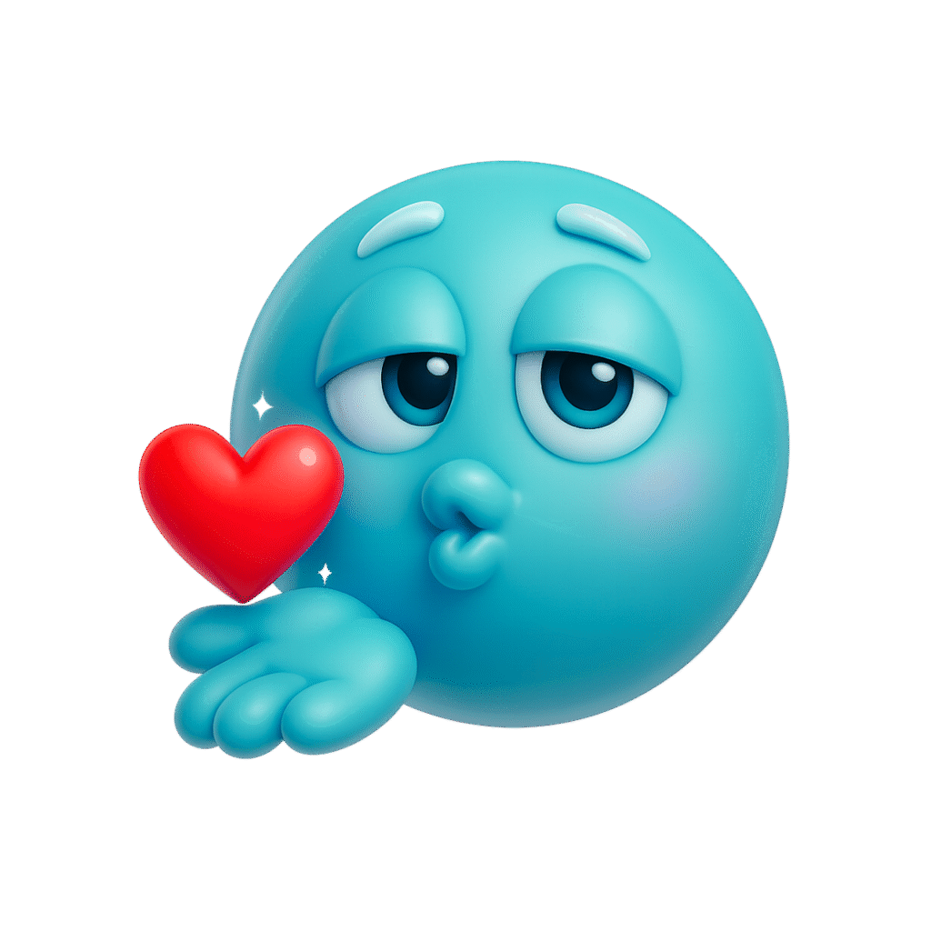 3D kissy face emoji blowing red heart PNG with glossy blue design and romantic expression