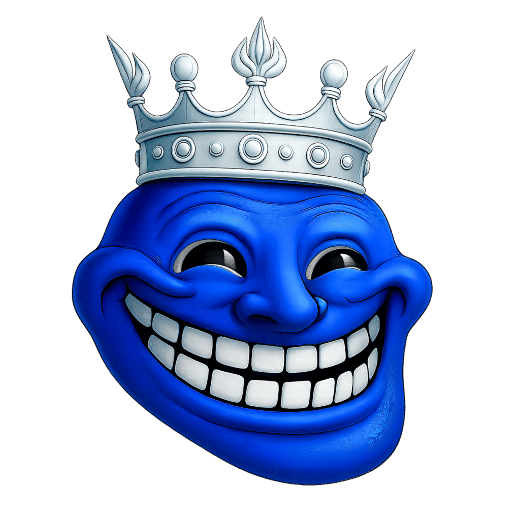 Blue troll face emoji wearing a royal silver crown, 3D cartoon style with transparent background