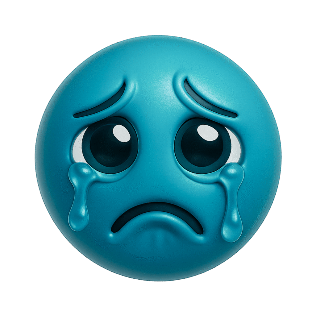 3D crying emoji meme in blue color with big teary eyes, sad facial expression, and cartoon-style tears rolling down cheeks.