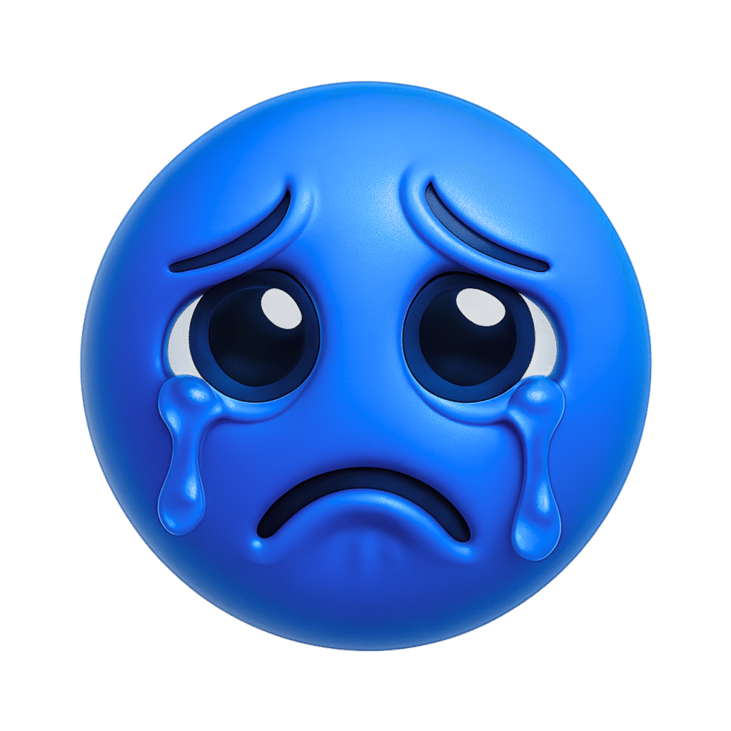 3D crying blue emoji with big teary eyes, glossy finish, and sad facial expression on transparent background &ndash; meme style.
