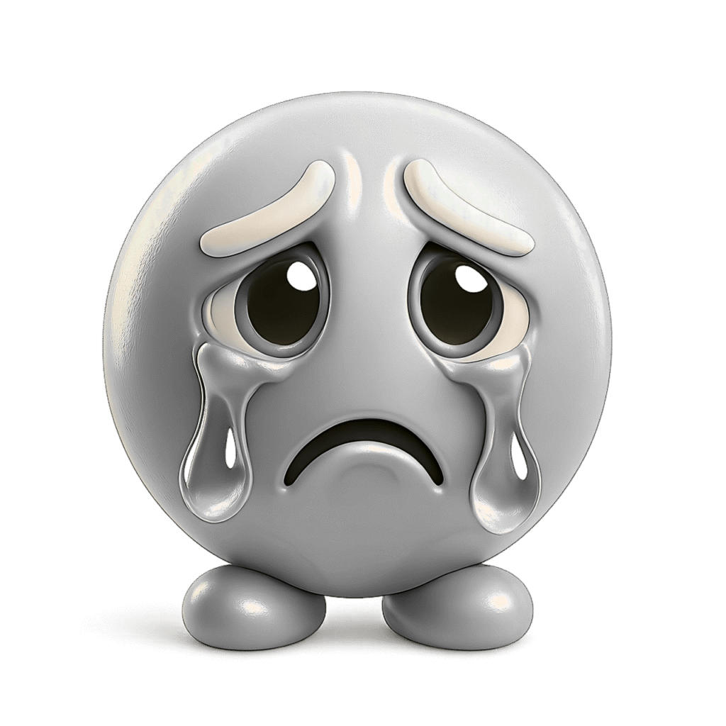 3D White Crying Emoji with Teardrops and Sad Facial Expression