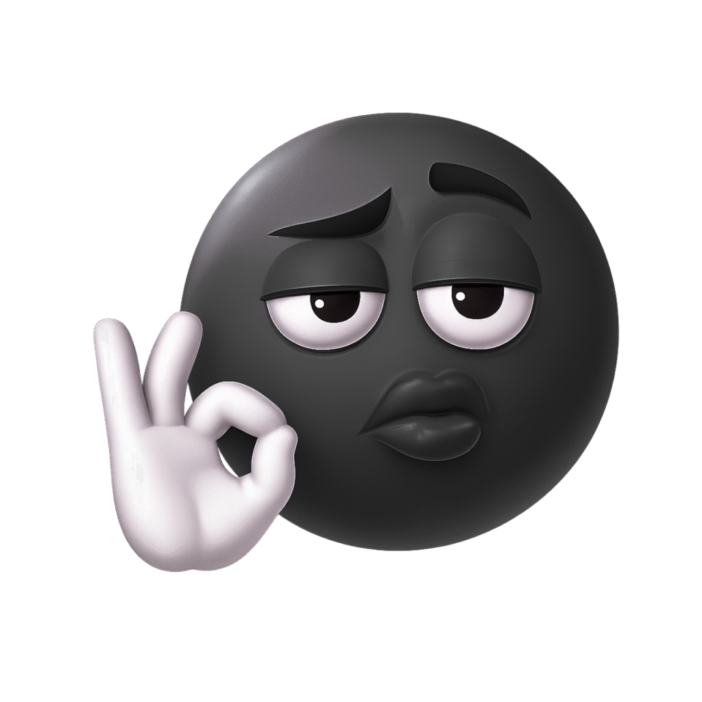 3D black emoji making an OK sign with pouty lips and unimpressed eyes in high gloss finish