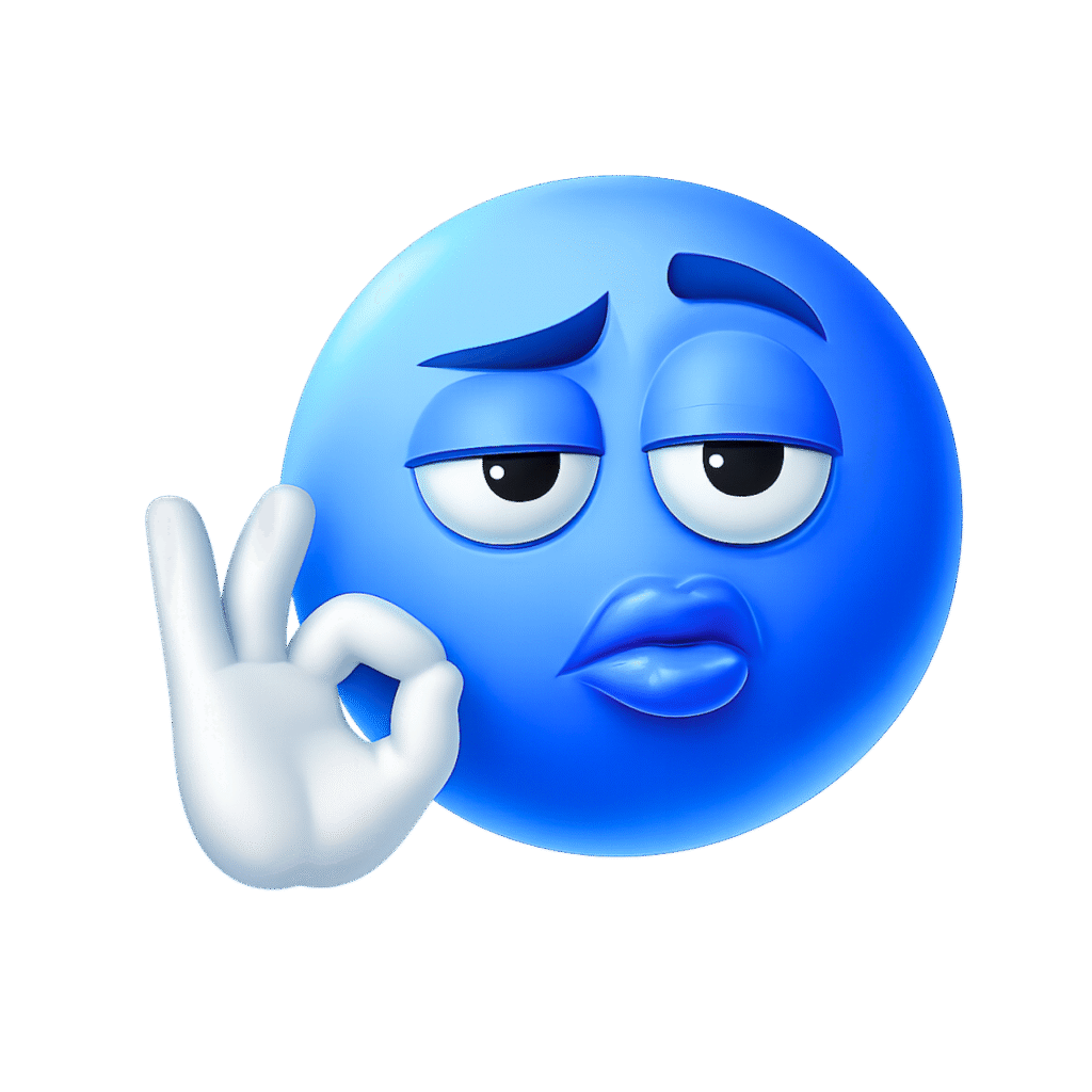 Glossy 3D blue emoji making an OK sign with unimpressed eyes and pouty lips
