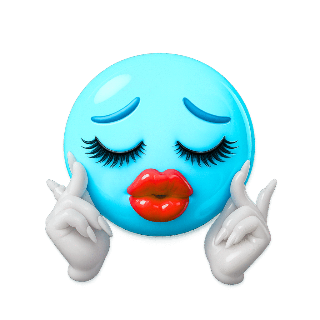 Sassy blue emoji with red lips, long eyelashes, and white gloved hands in a flirty pose