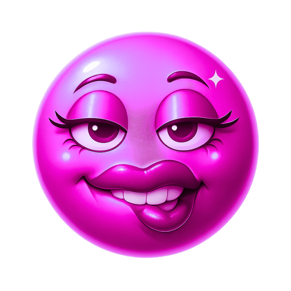 Pink 3D emoji with biting lip, dreamy eyes, sparkly highlight, and glossy lips on a transparent background