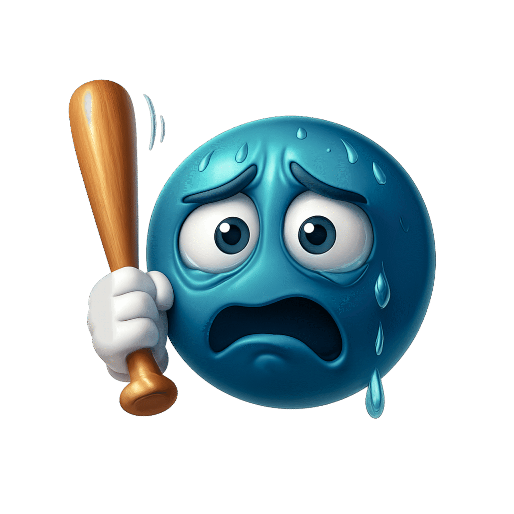 3D scared emoji sweating and holding a wooden bat, expressing fear and defense