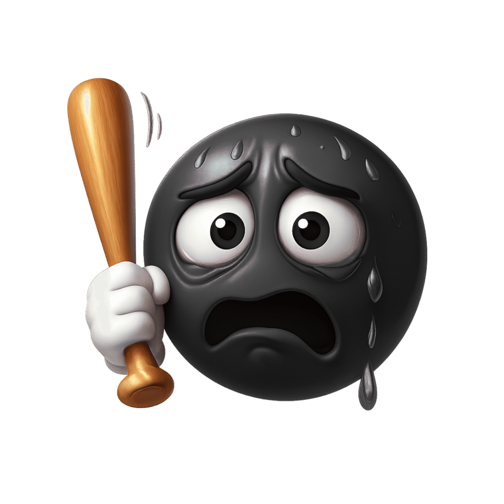 3D black scared emoji sweating and holding a wooden bat in defense with a fearful expression