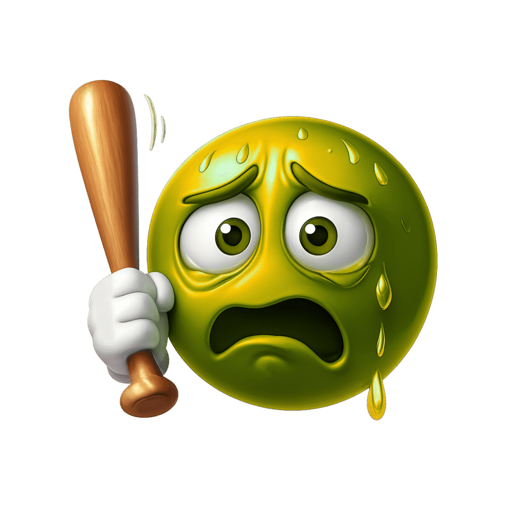 Green scared emoji sweating and holding a wooden bat in defense, 3D style with transparent background