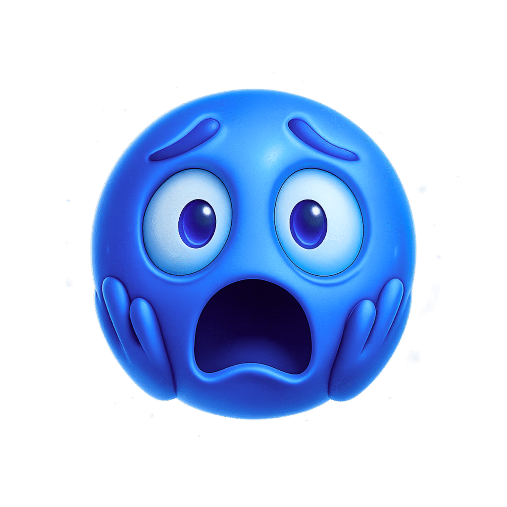 3D scared blue emoji with wide eyes, open mouth, and hands on face showing a shocked and frightened expression on transparent background