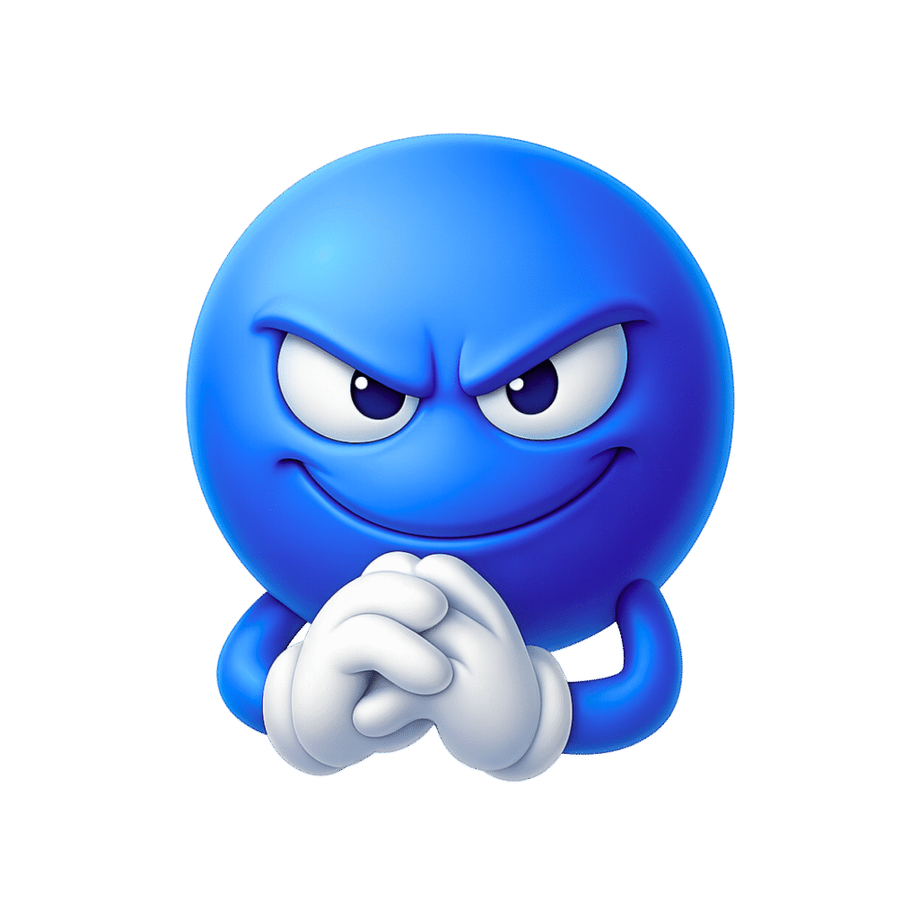 Mischievous blue emoji with evil grin and clasped hands in plotting pose