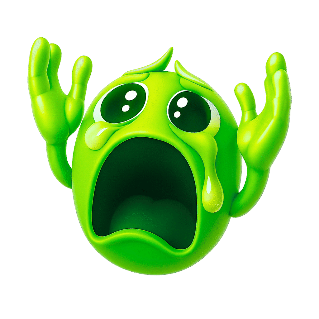3D green emoji screaming "Nooo!" with big teary eyes, raised hands, and an open mouth in distress on transparent background