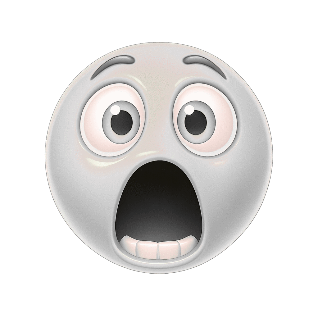 Shocked face emoji meme with wide eyes and open mouth expressing surprise or fear