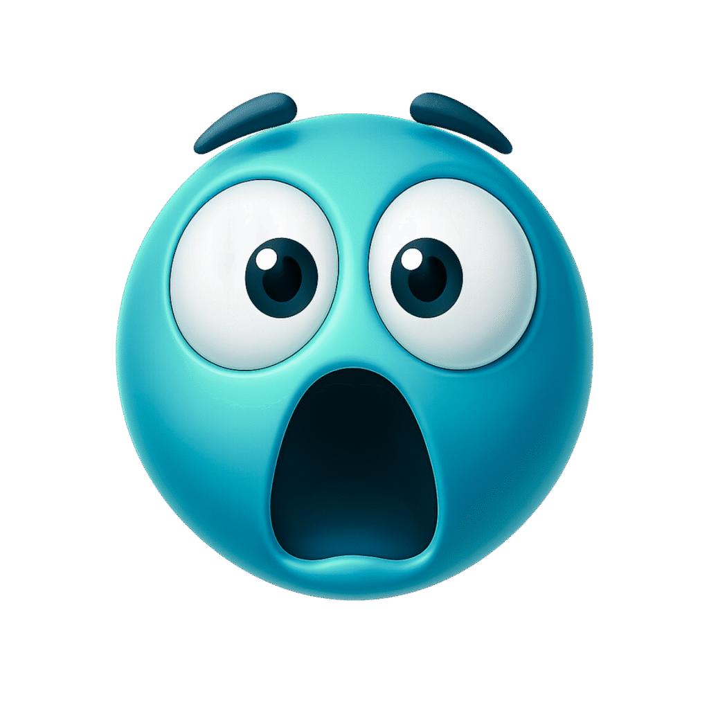 3D shocked emoji face with wide open mouth and big eyes, expressing surprise or fear, on transparent background