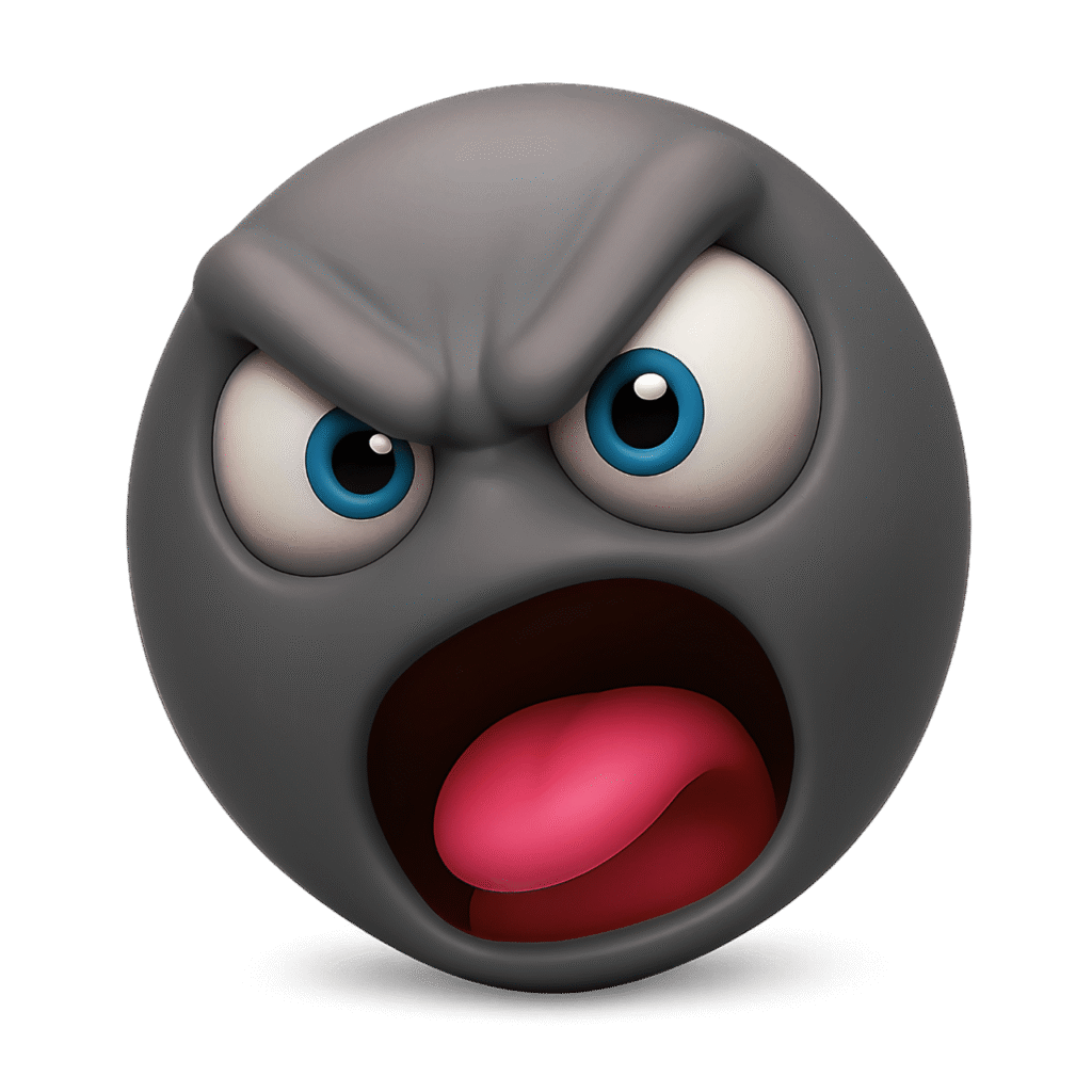 3D shouting angry black emoji with wide mouth, raised brows, intense blue eyes, and red tongue on transparent background – ideal for expressing digital rage, fury, or loud outbursts.