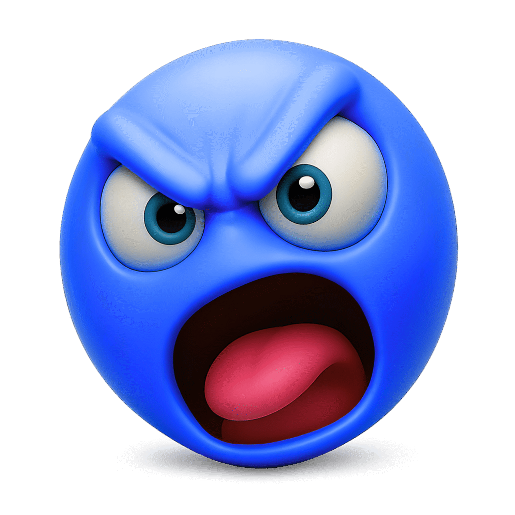 3D shouting angry blue emoji face with wide open mouth, raised eyebrows, expressive eyes, and red tongue on transparent background – perfect for expressing rage, frustration, or yelling emotions in digital content
