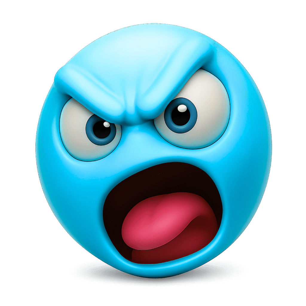 3D shouting blue emoji with furrowed brows, wide open mouth, pink tongue, and intense blue eyes – shows a furious expression on a transparent background for digital media use.