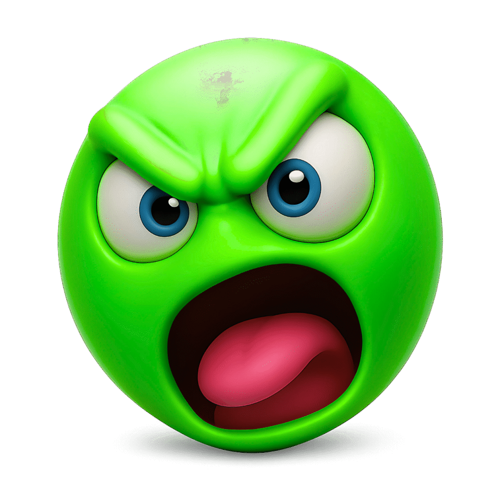 3D angry green emoji shouting with wide open mouth, expressive blue eyes, furrowed brows, and red tongue on a transparent background – ideal for intense digital reactions or emotional graphics.