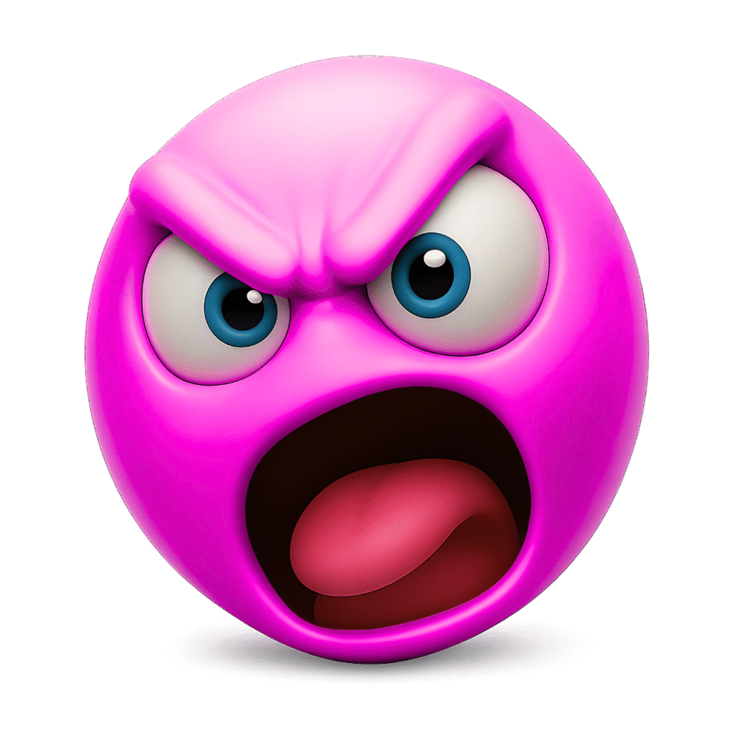 3D angry pink emoji with furrowed brows, wide open screaming mouth, blue eyes, and a transparent background – emotional reaction ClipArt illustration.