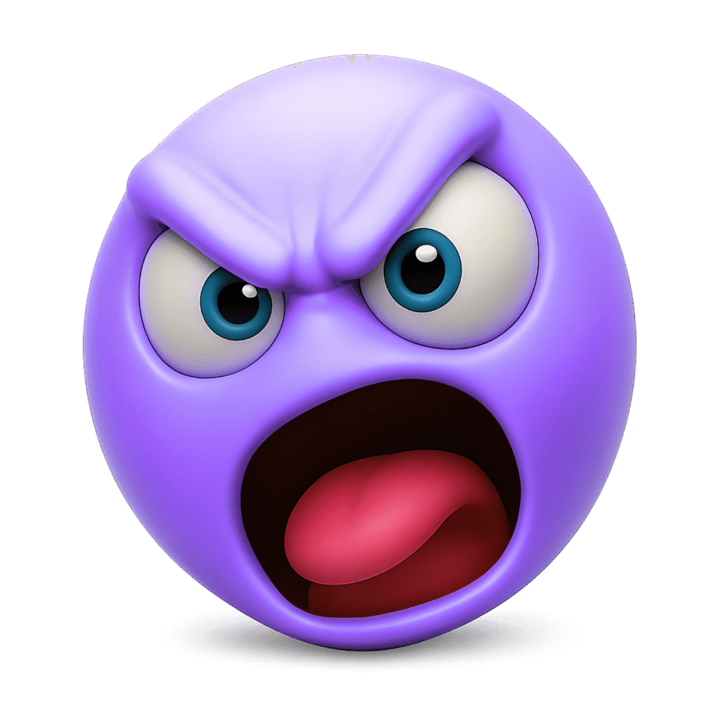 3D purple angry emoji shouting with wide open mouth and furious eyes on transparent background