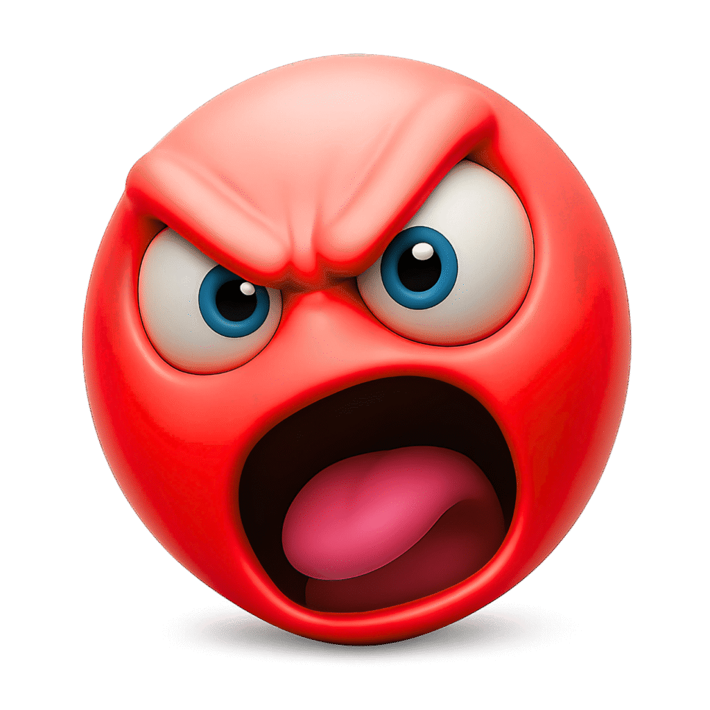 3D angry red emoji face with blue eyes, furrowed eyebrows, wide open mouth, and visible red tongue – perfect for expressing rage or yelling emotions in digital design on a transparent background.