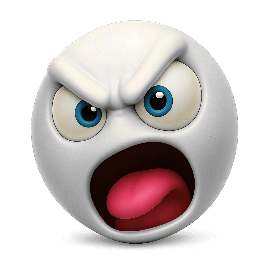 3D shouting angry white emoji face with intense blue eyes, raised eyebrows, wide open red mouth, and expressive rage on a transparent background – perfect for digital reactions and emotional designs
