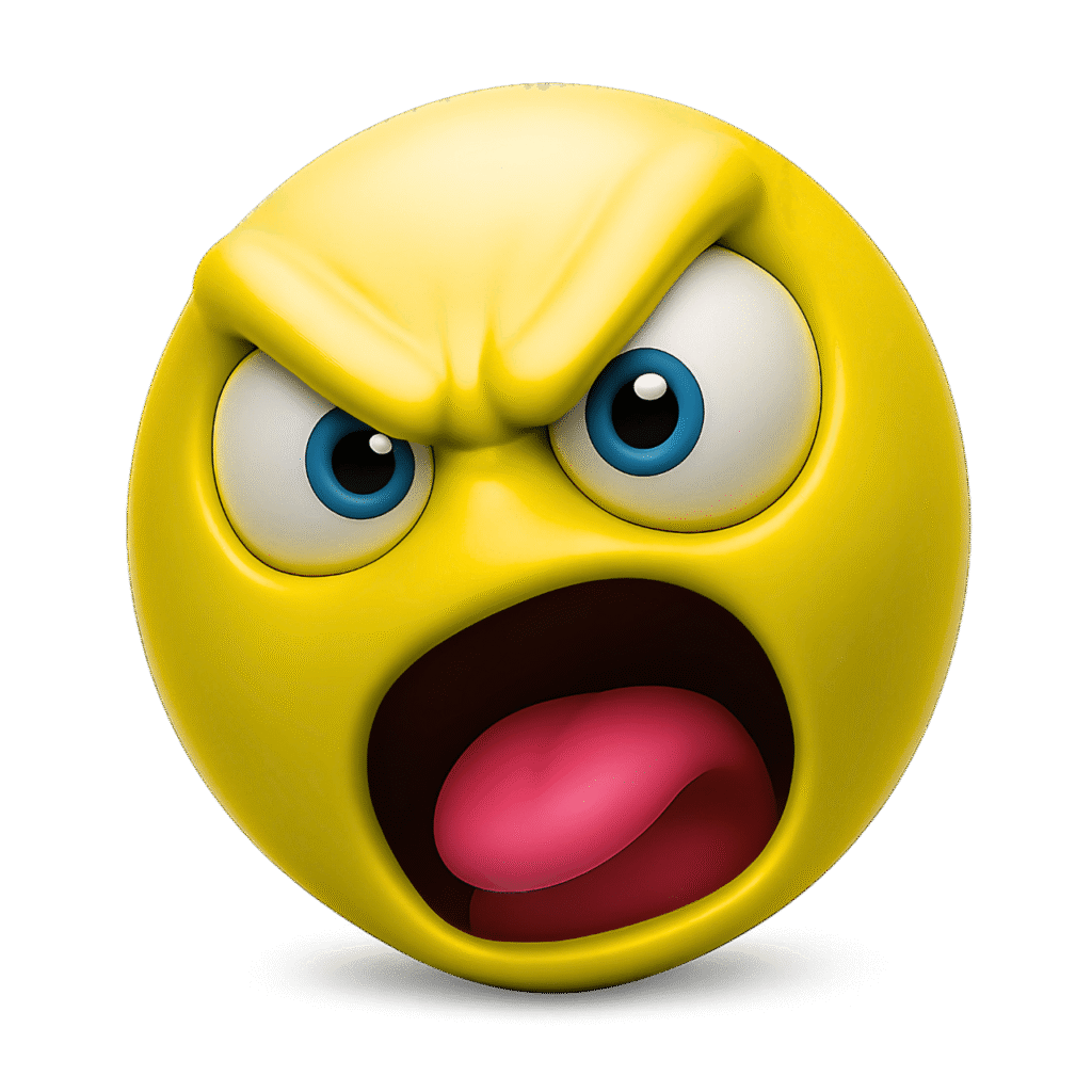 3D shouting angry yellow emoji with wide open mouth, blue eyes, furrowed brows, and red tongue – transparent background for digital expressions of rage, yelling, or emotional outbursts.