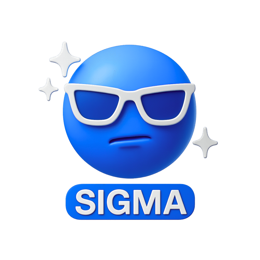 3D blue sigma emoji wearing white sunglasses with a confident expression and sparkles, bold "SIGMA" text below on transparent background.