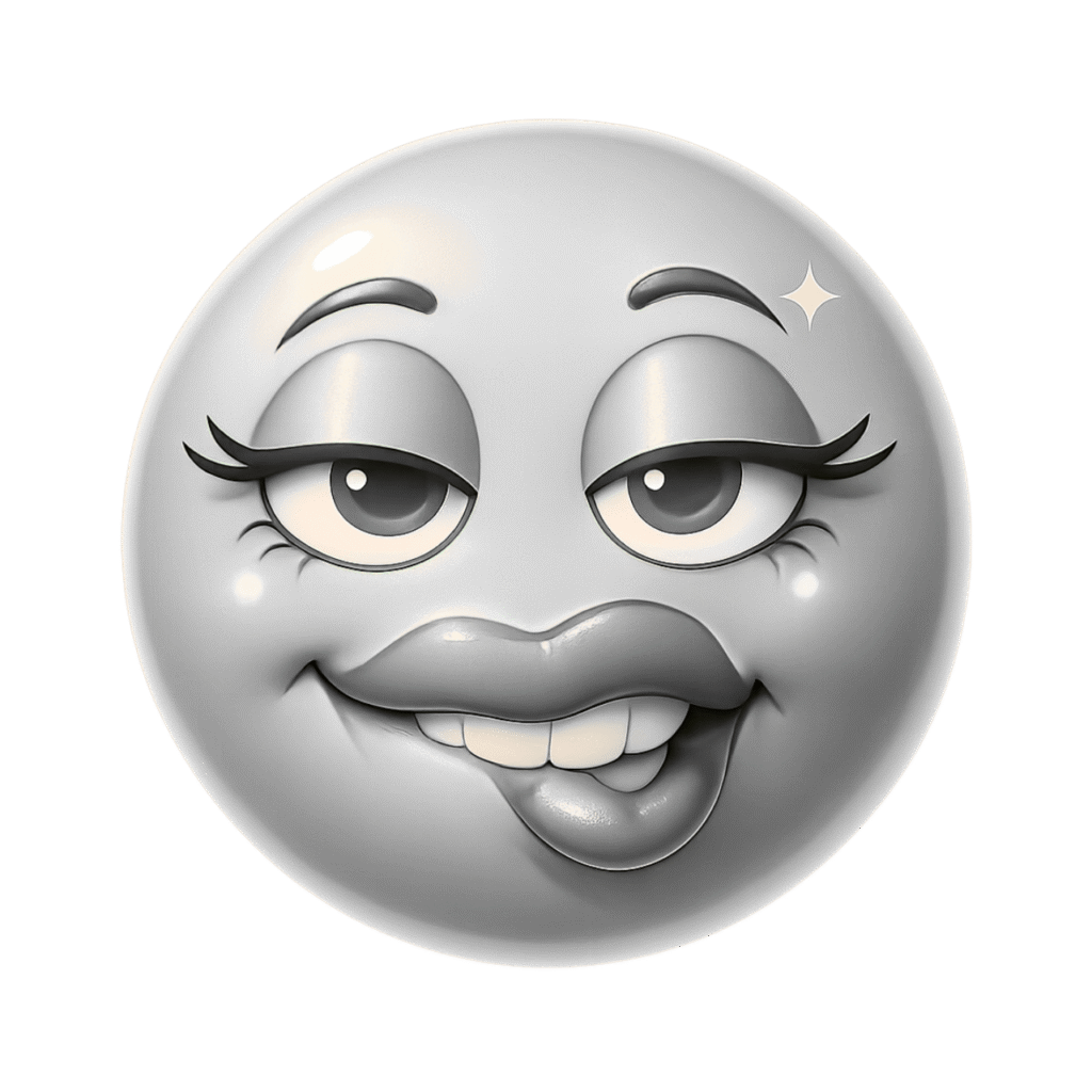 3D silver emoji with biting lip, seductive eyes, thick lashes, and sparkling effect on glossy grey face