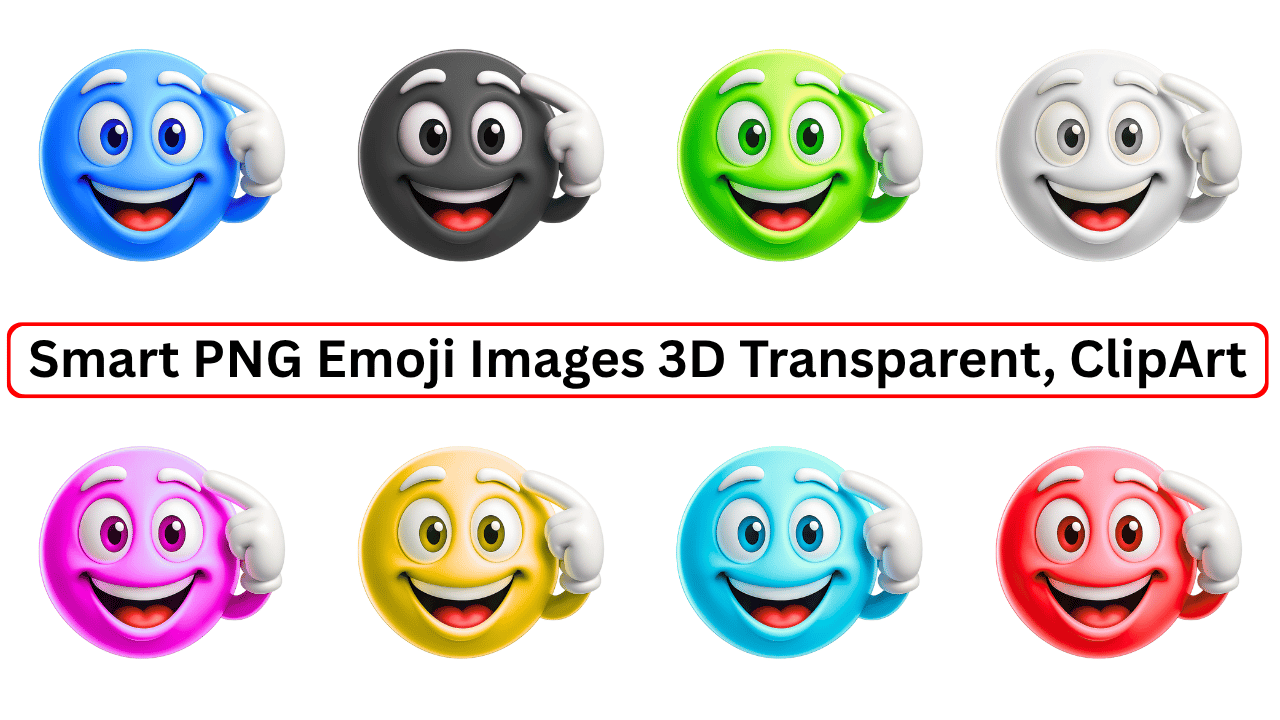 Set of colorful smart 3D emoji faces in PNG format with transparent background, showing happy thinking gesture