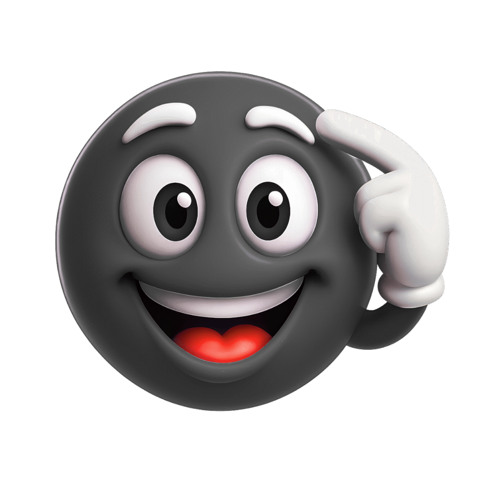 3D black smart emoji with confident smile and raised hand gesture on transparent background, representing intelligence and clever thinking
