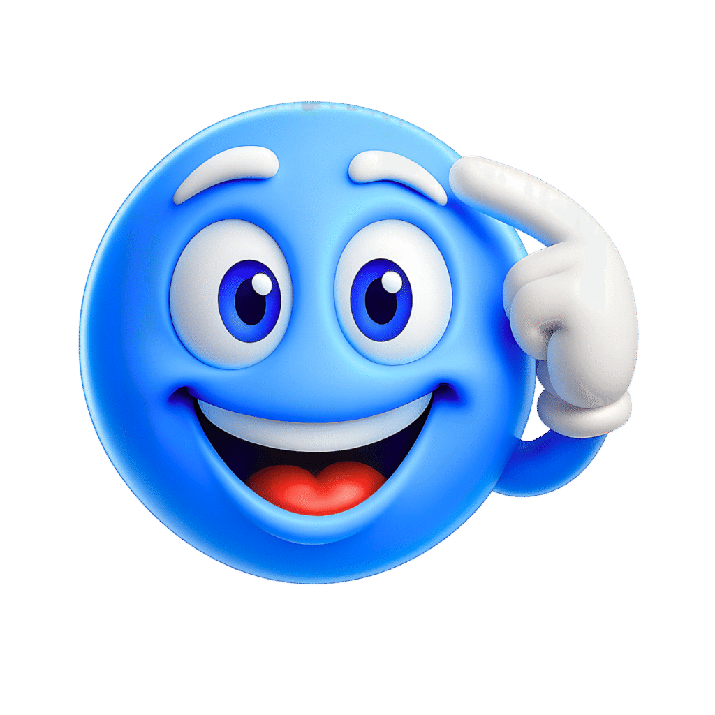 3D smart blue emoji with a confident smile and raised finger gesture, symbolizing clever thinking and intelligence on a transparent background