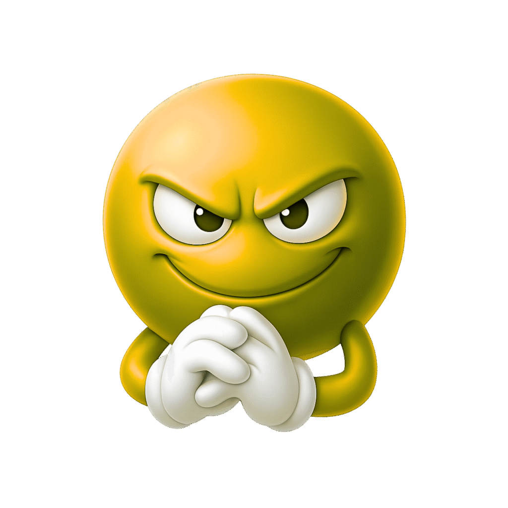 Yellow mischievous emoji with sly grin and clasped hands in plotting expression